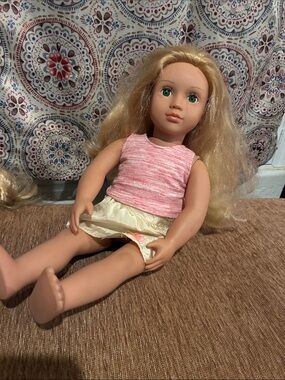 Blonde Green-Eyed Doll in Pink Top and Cream Skirt
